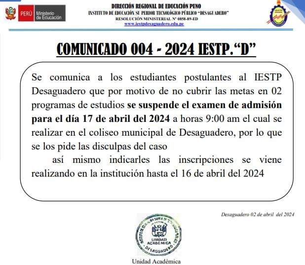 Comunicado Proceso de Admisión 2024